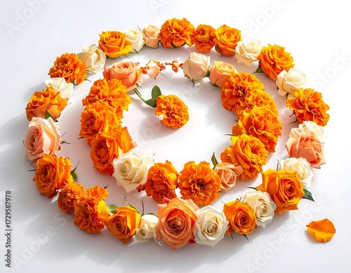 Floral Arrangement Spiral of Orange and White Flowers on White Surface