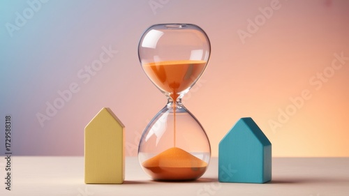 Time is running out for buying a house with hourglass and miniature house isolated on white background