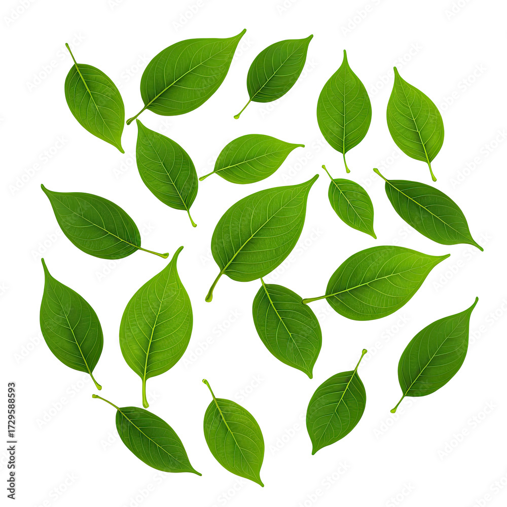Fototapeta premium Green leaves scattered on a black background. Fresh, natural, and vibrant
