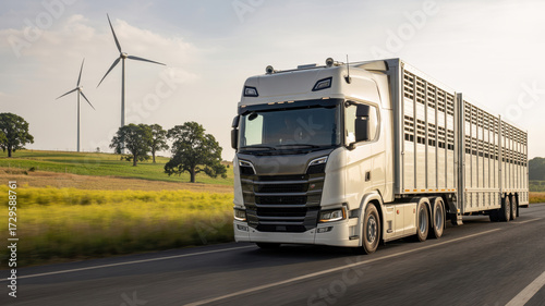Livestock truck driving on a road with wind turbines in the background, representing sustainable transportation and renewable energy sources