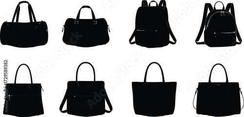 Silhouette collection of duffel bags, backpacks, handbags, tote bags, travel luggage, fashion accessories, isolated vector icons, black outline design