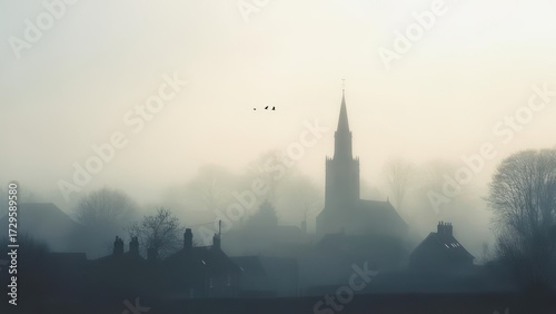 Misty Morning Silhouette of a Church Steeple and Trees.