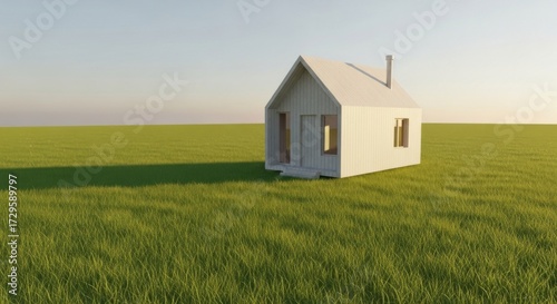 Wallpaper Mural Small White Wooden House in Vast Green Field Under Clear Sky Torontodigital.ca