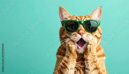 カラフルな背景とサングラスをかけた驚いた猫　生成AI