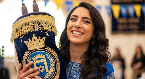 A moment of religious tradition and reverence: A woman in vibrant attire embraces a sacred Torah scroll, her joyful expression lighting up the scene