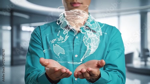 Innovative global business solutions shown with an interactive world globe in a person's hands demonstrating global reach and connectivity, future technology