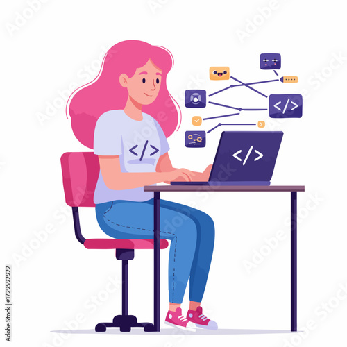 Flat Illustration Woman Coding on Laptop Development and Programming Concept