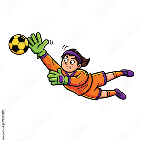 Cartoon Goalkeeper Diving to Save Soccer Ball with Focused Determination