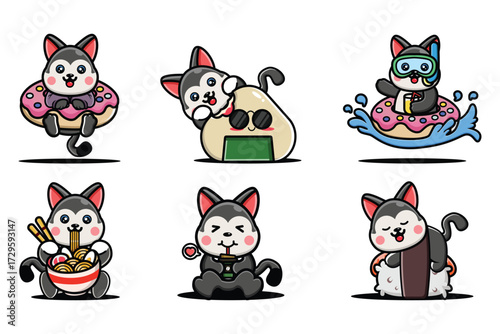 Cute husky cartoon mascot with food and fun activities, kawaii animal vector set