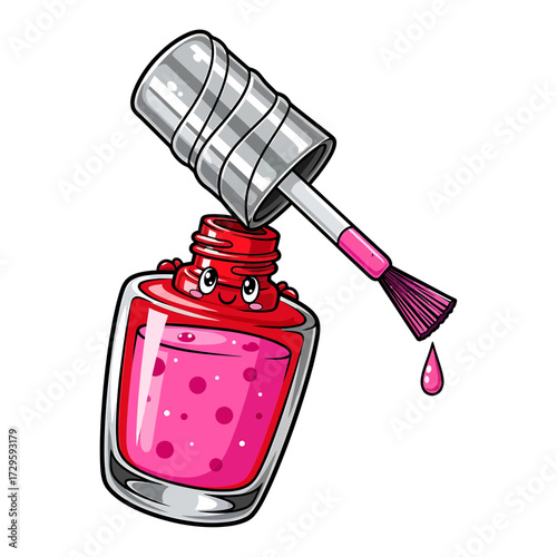 Cartoon Nail Polish Bottle with Face Brush and Pink Liquid