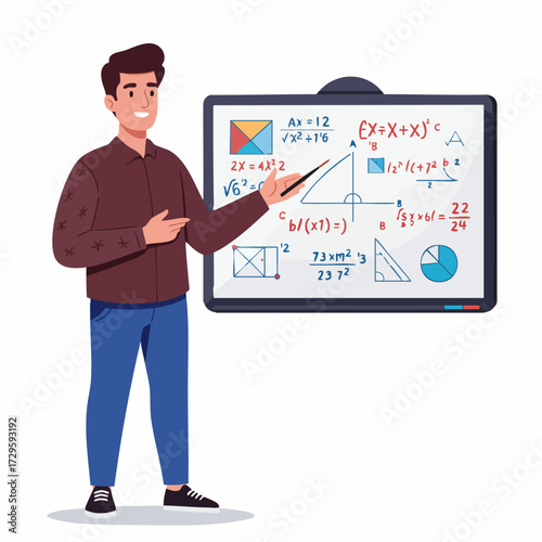 Flat Illustration Teacher Explaining Mathematics Formula on Whiteboard Character Illustration
