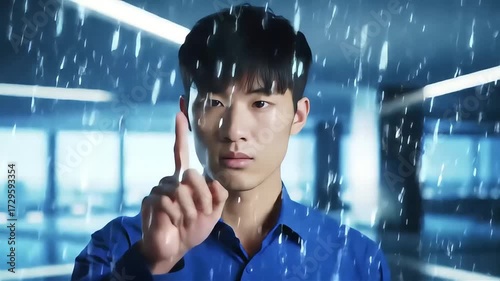 Serious young man facing the storm with determination, symbolizing resilience and strength in challenging situations, perfect for inspirational content