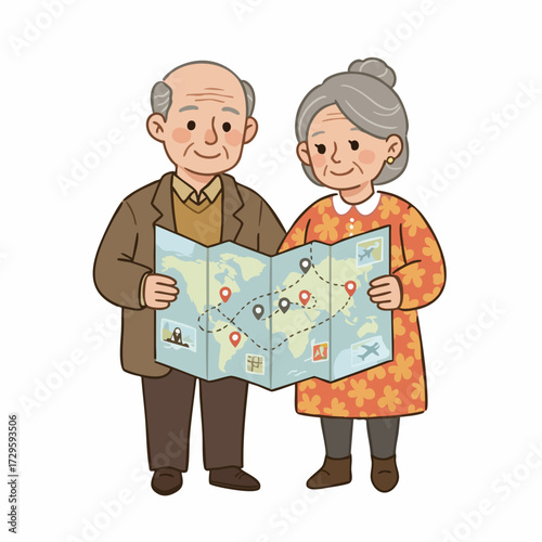 Cute Cartoon Senior Couple Examining World Travel Map Illustration