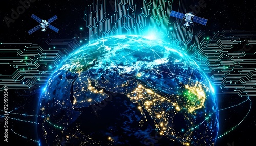 Glowing Earth Connecting with Satellites and Circuitry in Space