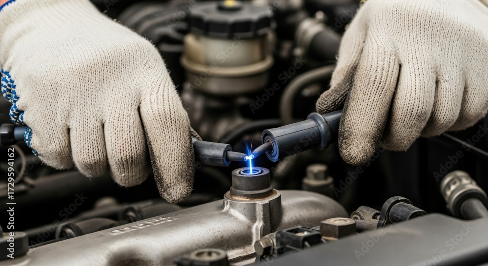 Obraz premium Professional auto mechanic's gloved hands performing engine maintenance, checking a spark plug with a visible electric spark during vehicle repair.