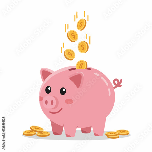 Flat Style Cute Pink Piggy Bank Saving Gold Coin Illustration