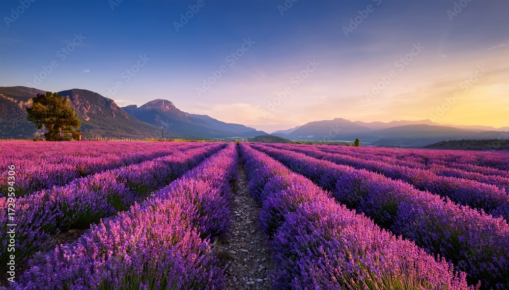 Obraz premium Endless Rows Of Vibrant Lavender Stretch Towards Distant Mountains In A Serene Landscape At Twilight Offering A