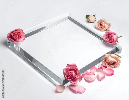 Glass Square with Roses on White Surface Aesthetic Floral Composition