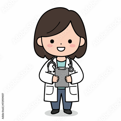 Cartoon Handdrawn Full Body Female Doctor Character with Clipboard Illustration