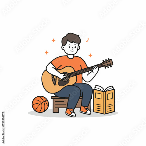 Cute Outline Handdrawn Guitar Player Musician Character Illustration With Book