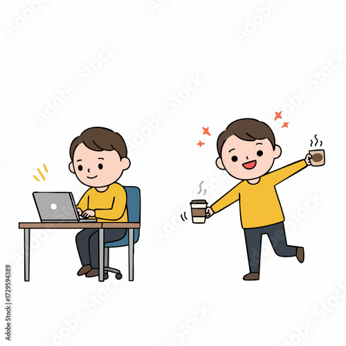 Flat Illustration Boy Working on Laptop and Holding Coffee Drink