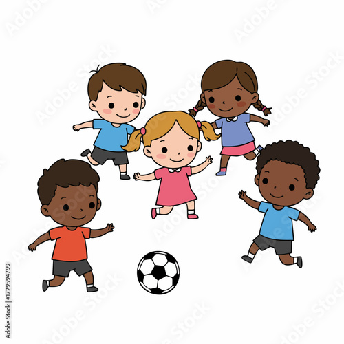 Cute Cartoon Style Children Playing Football Soccer Ball Illustration