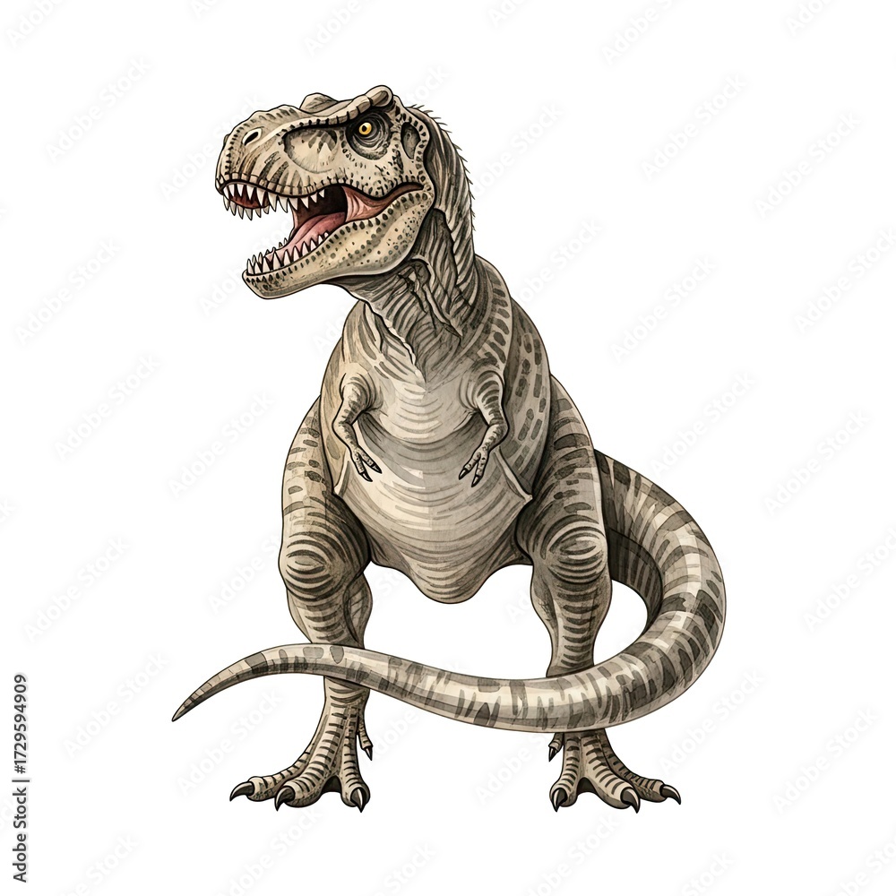 Fototapeta premium A lifelike illustration of the formidable Tyrannosaurus Rex, a prehistoric marvel, standing confidently. The meticulous detail brings this ancient predator to life.