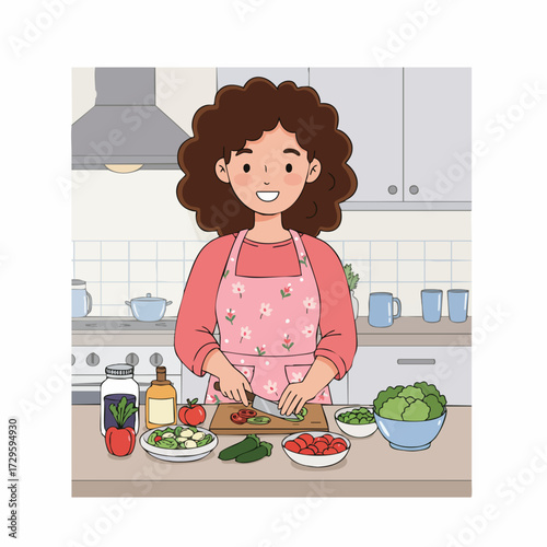 Cute Cartoon Woman Preparing Healthy Meal in Cozy Kitchen Illustration