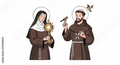 Saint clare of assisi holding the monstrance with the eucharist and saint francis of assisi with a bird on his finger, isolated on white background