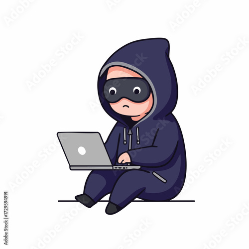 Cartoonish Sitting Hacker with Laptop Cyber Security Concept Character Design