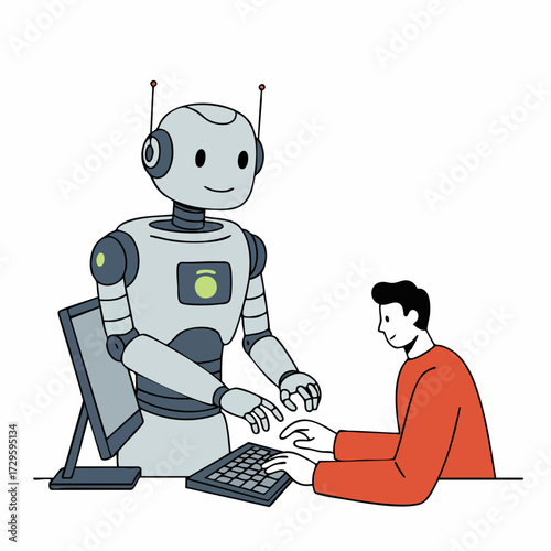Flat Illustration of Robot Assisting Human Typing On Computer Keyboard