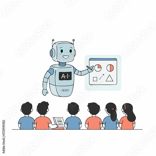 Cartoonish Robot Teaching Student in Classroom with Presentation Board Illustration