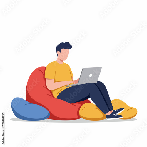 Flat Illustration Young Man Working at Home on Bean Bag Chair