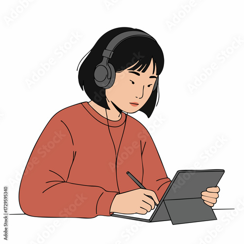 Flat Style Focused Woman Drawing on Tablet Device Illustration