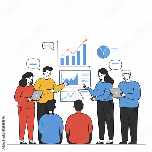 Flat Style Teamwork Presentation with Chart and Graph Illustration Asset