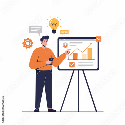 Modern Flat Style Business Presentation with Chart Analysis on Whiteboard