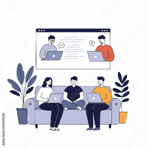 Modern Flat Illustration Group of People Having a Virtual Meeting