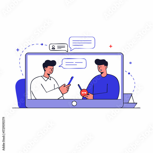 Flat Illustration of Two Men Having Online Meeting on Laptop Screen