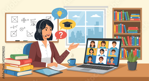 Female teacher conducting an online lesson via video conference with students in a virtual classroom. E-learning and distance education vector illustration.
