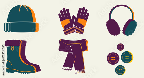 Winter clothing and accessories set including hat, gloves, scarf, boots, earmuffs, and buttons