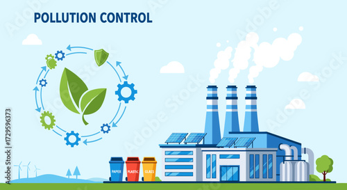 Pollution control concept vector illustration with eco-friendly factory using green energy and recycling for sustainable industrial production, flat style svg.