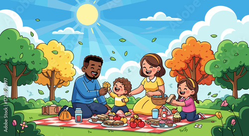 Happy diverse family with two children having a fun picnic in the park on a sunny day. Cartoon vector illustration isolated on transparent background.
