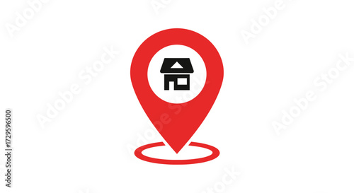 Red map pin icon with a house symbol representing a home address or real estate location. Simple flat vector illustration isolated on transparent background.