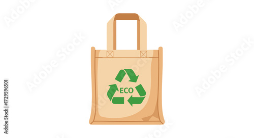 Reusable fabric tote bag with a green eco recycling symbol for sustainable grocery shopping. Vector illustration concept isolated on transparent background.