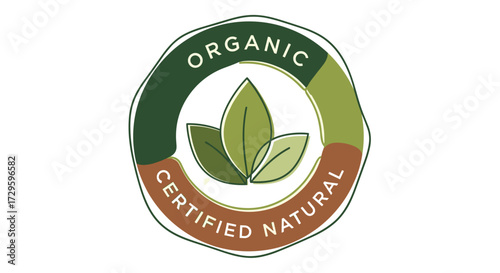 Hand-drawn organic certified natural seal with leaf emblem. Eco-friendly bio food sticker for packaging design. Quality stamp vector illustration, isolated svg.