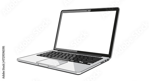 Modern laptop computer with a blank black screen, open and ready for business or presentation. Detailed vector illustration isolated on transparent background.