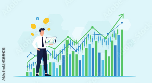 Professional businessman holding a tablet analyzes a growing stock market candlestick chart, symbolizing financial investment and profit. Vector illustration svg.