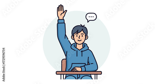 Cartoon vector illustration of a young student in a hoodie raising his hand at a desk, eager to answer. Isolated on transparent background, education concept.