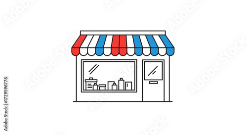 Simple storefront icon with a striped awning vector illustration. Retail shop line art graphic for small business or e-commerce, isolated on transparent background.