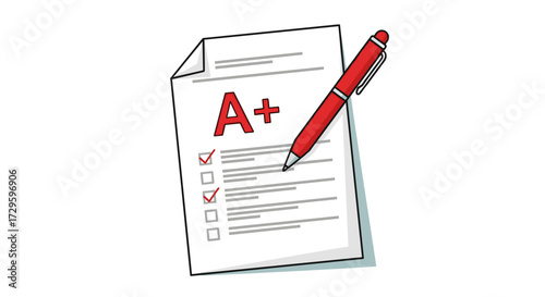 School test paper with perfect A+ grade and red pen, vector illustration representing educational success and achievement isolated on transparent background.